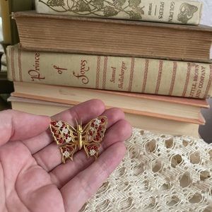 Vintage Red and White Butterfly Brooch